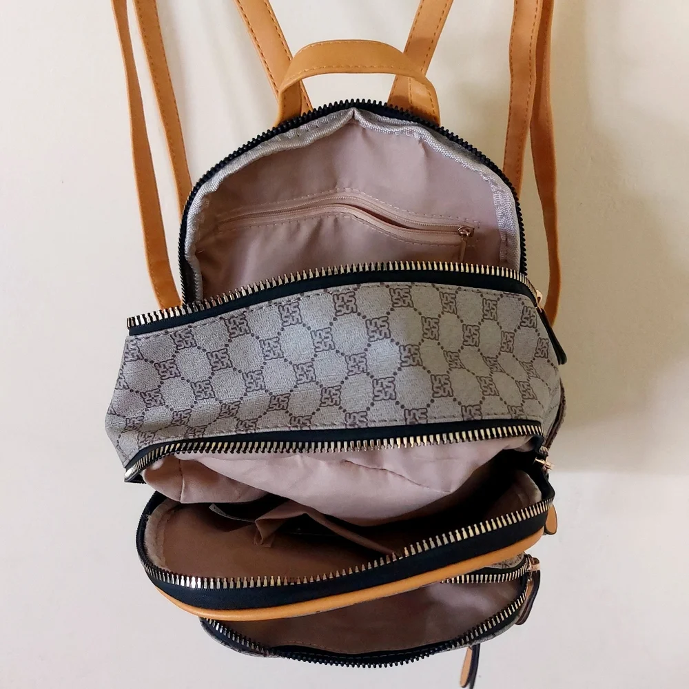 Yellow & Tan Small Faux Leather Vegan Friendly Fashion Backpack Purse w/ Print - Picture 6 of 12